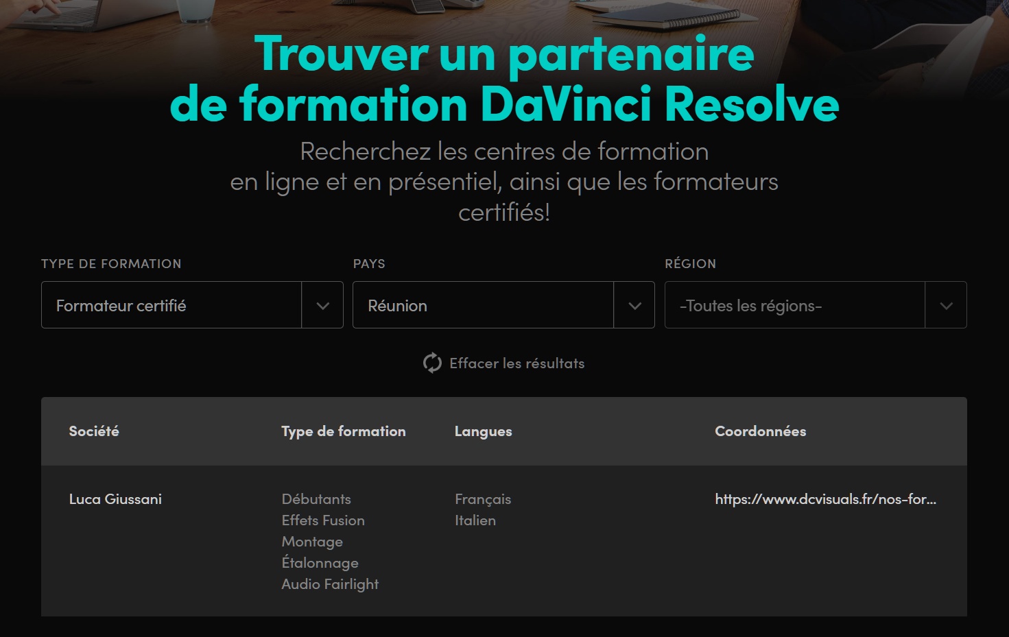 Directory ufficiale Blackmagic Design con Luca Giussani come formatore certificato a La Réunion