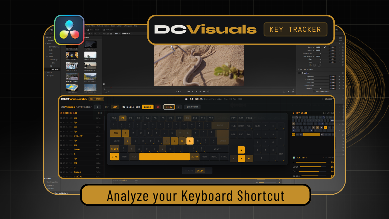 DCVisuals KeyTracker — interfaccia principale con heatmap tastiera e log di sessione in DaVinci Resolve