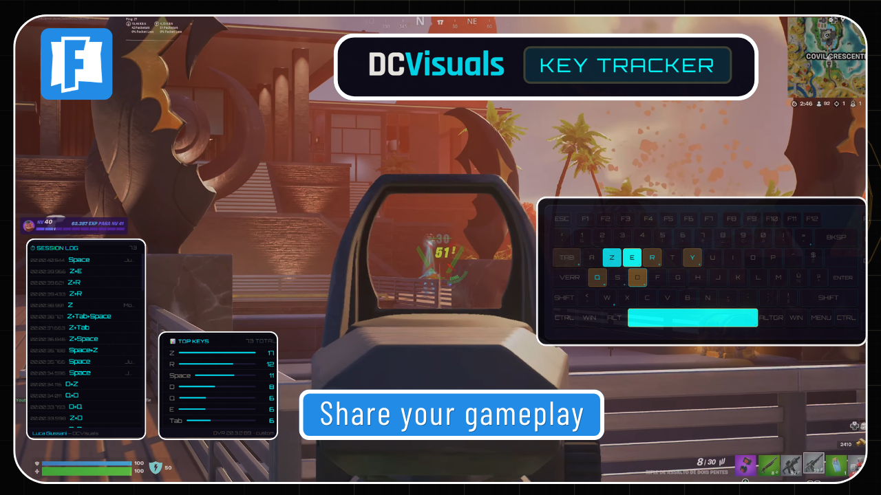 KeyTracker Pro Streamer — overlay Gamer Theme in gioco con session log e Top Keys