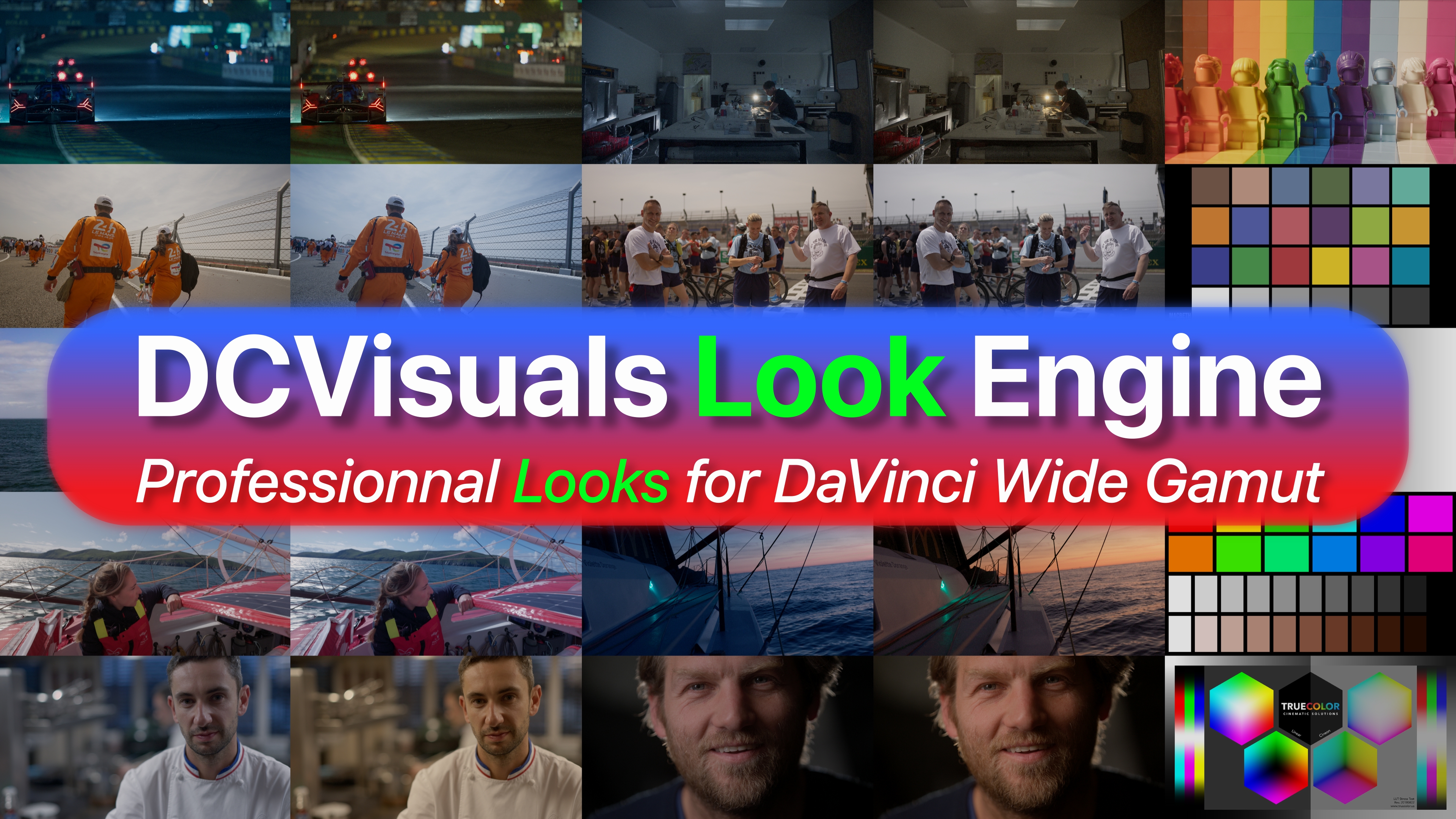 DCVisuals Look Engine — mosaic of professional renders in DaVinci Wide Gamut