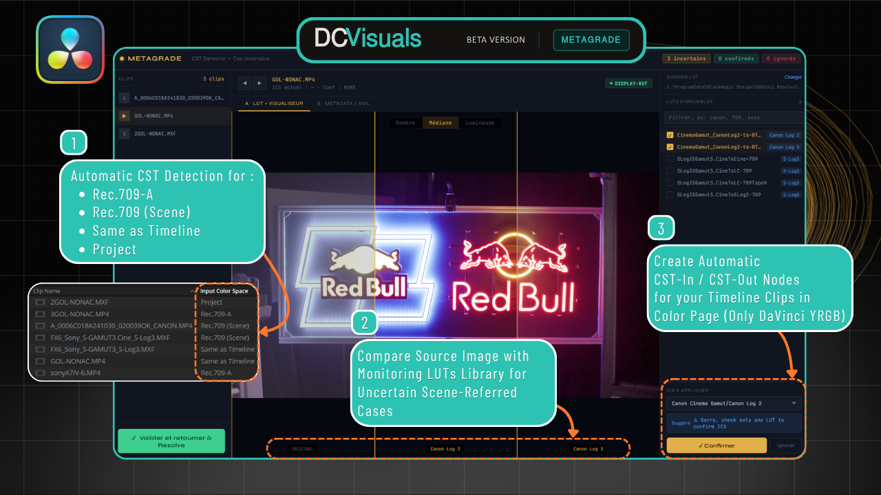 MetaGrade — Main automatic CST detection interface in DaVinci Resolve